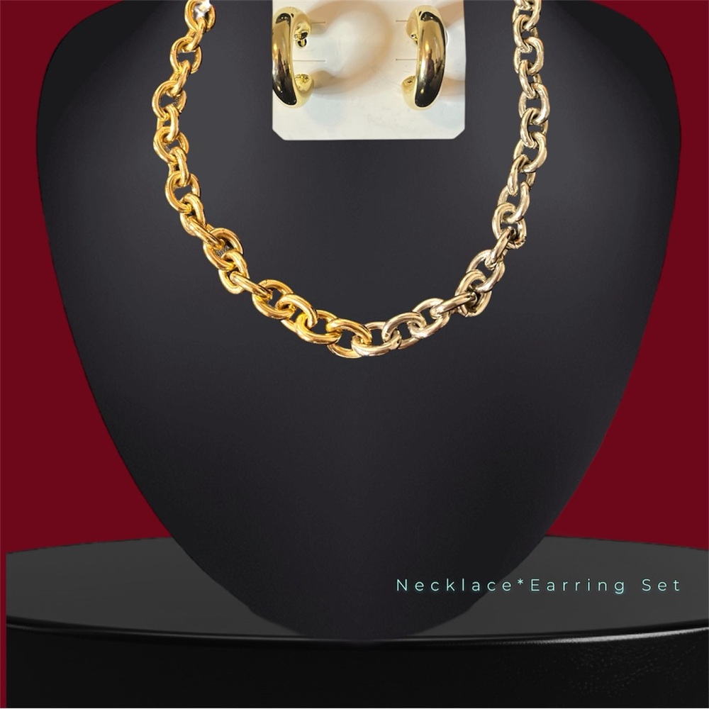 Fashion Gold/Silver Link Necklace with Gold Earrings Set
